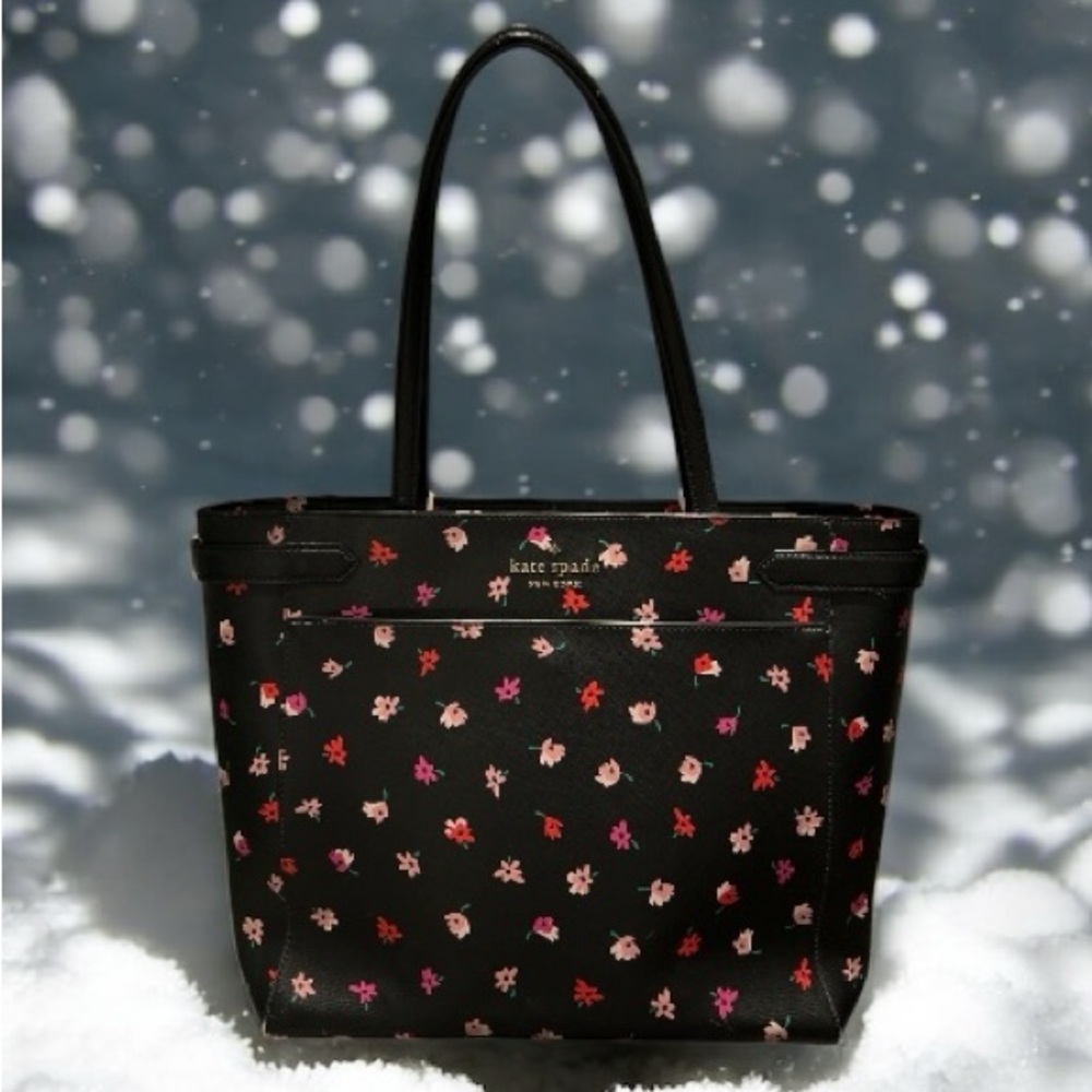 Kate Spade New York Staci Ditsy Buds Saffiano Leather Laptop Tote bag Black - Picture 2 of 14